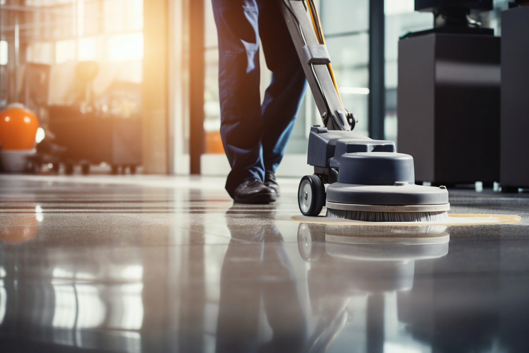 Janitor Cleaning Floor with Polishing Machine Indoors. Generative ai. High quality illustration