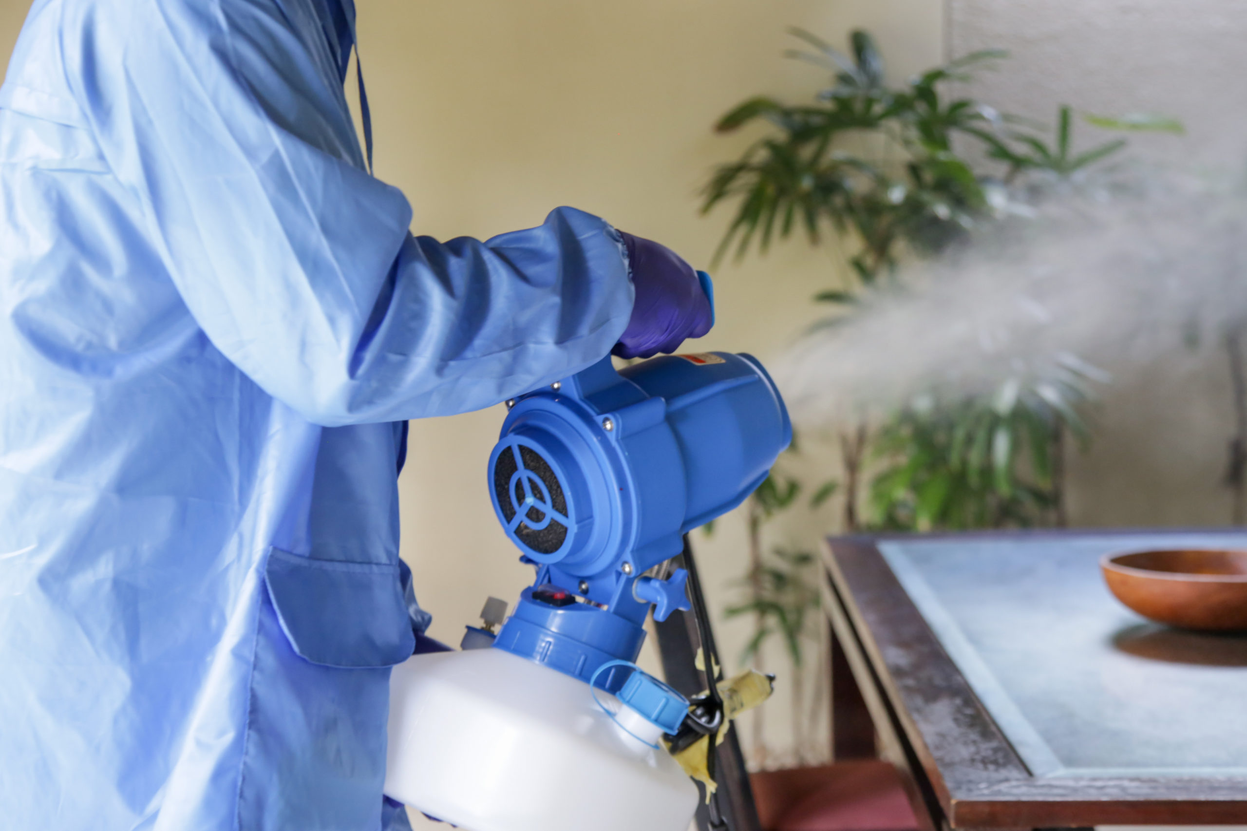 Cleaning and disinfecting: Key weapons in the fight against contagious diseases. Spray disinfection of surfaces in the house.
Fogging with disinfectant due to coronavirus.